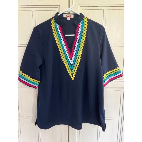 Mazik size medium navy blue top with colorful trim - Picture 1 of 4